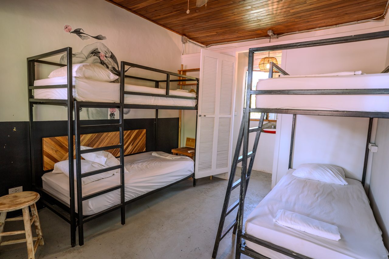 A spacious dorm with several steel-frame bunk beds, fresh linens and warm timber ceiling