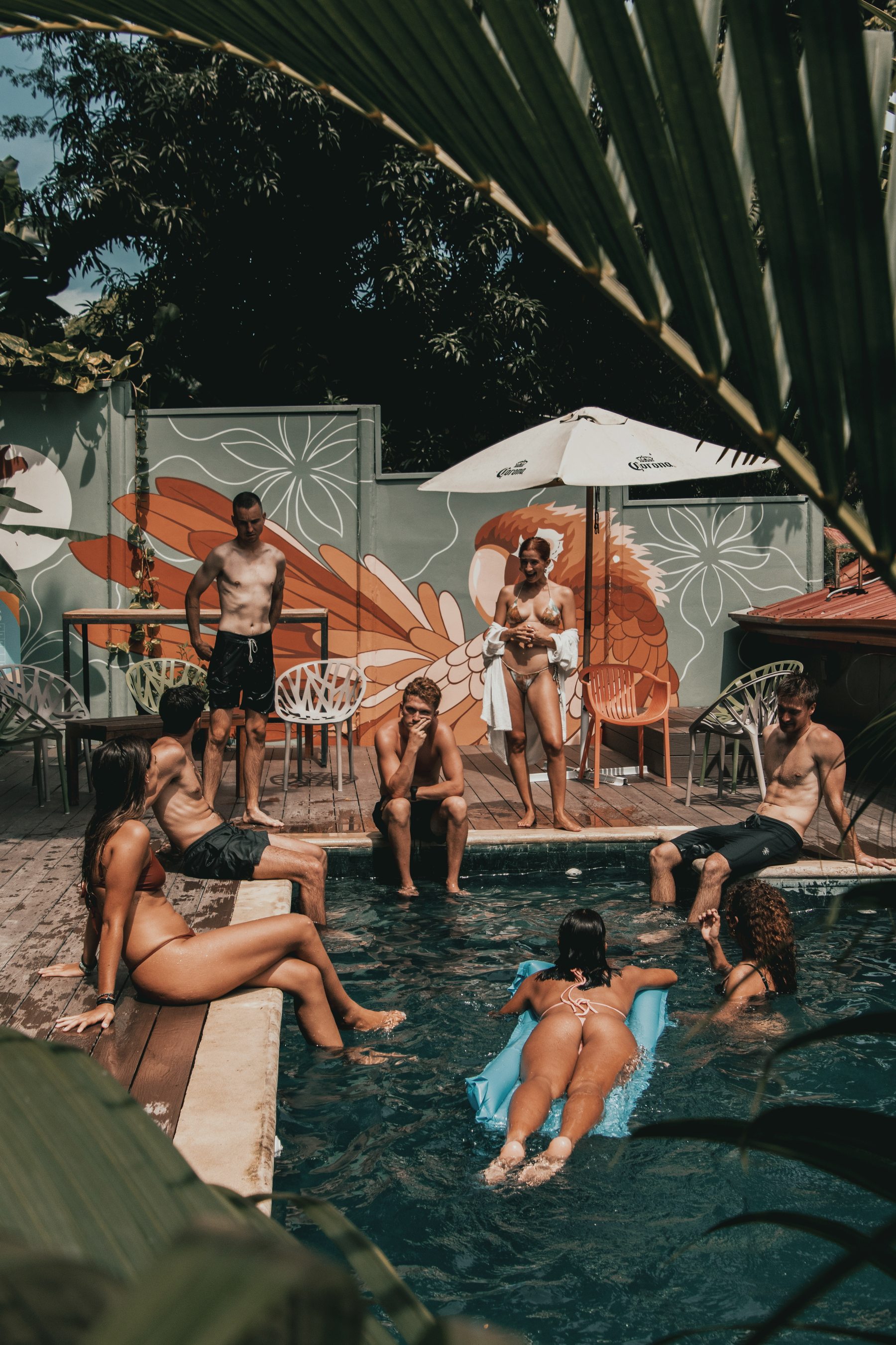 Guests around the Armonia pool by the parrot mural in Santa Teresa