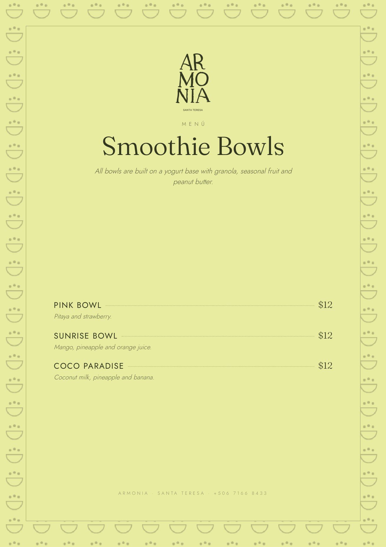 Armonia smoothie bowls menu — pink bowl, sunrise bowl, coco paradise