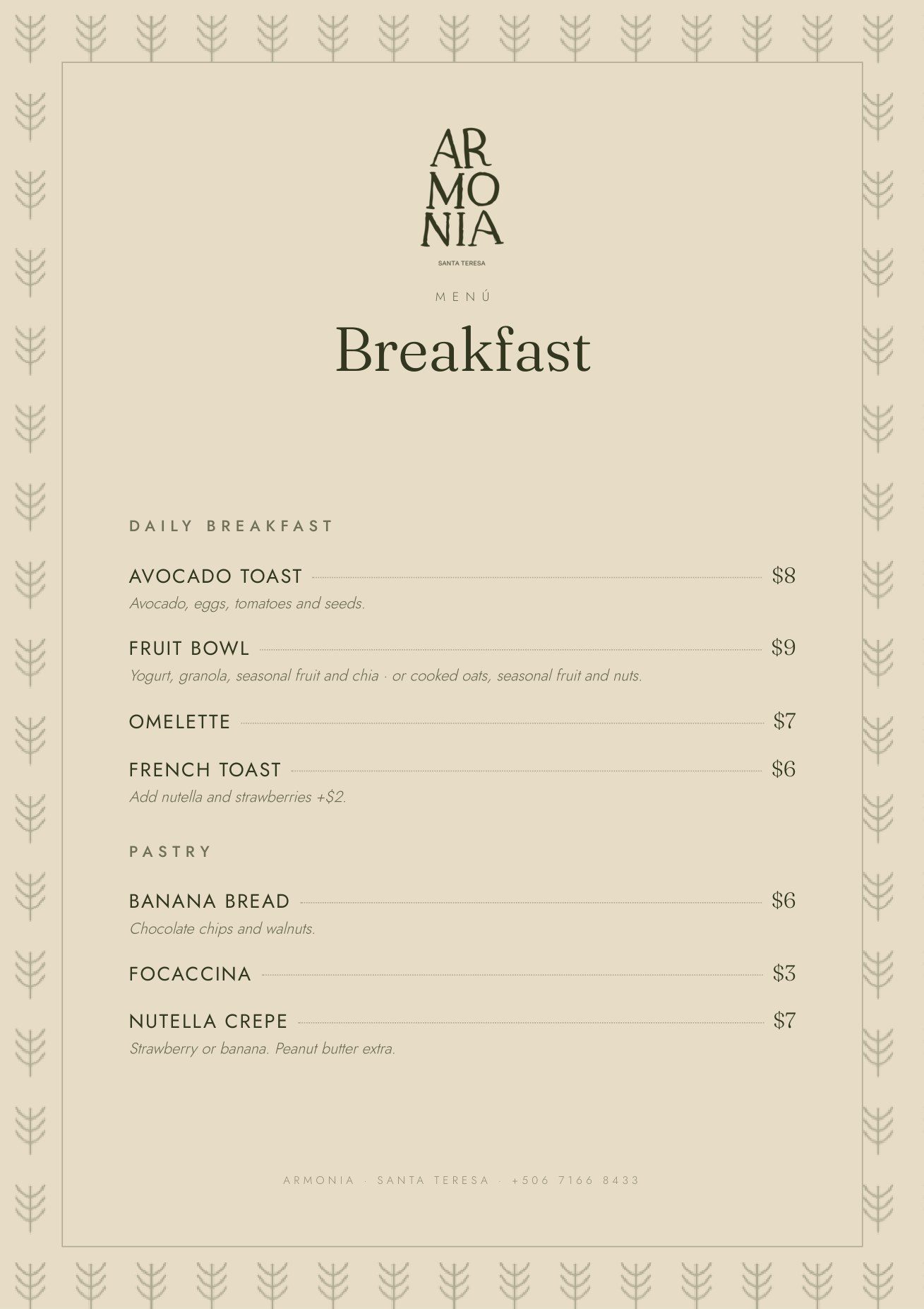 Armonia breakfast menu — avocado toast, fruit bowl, omelette, french toast, banana bread, focaccina, nutella crepe