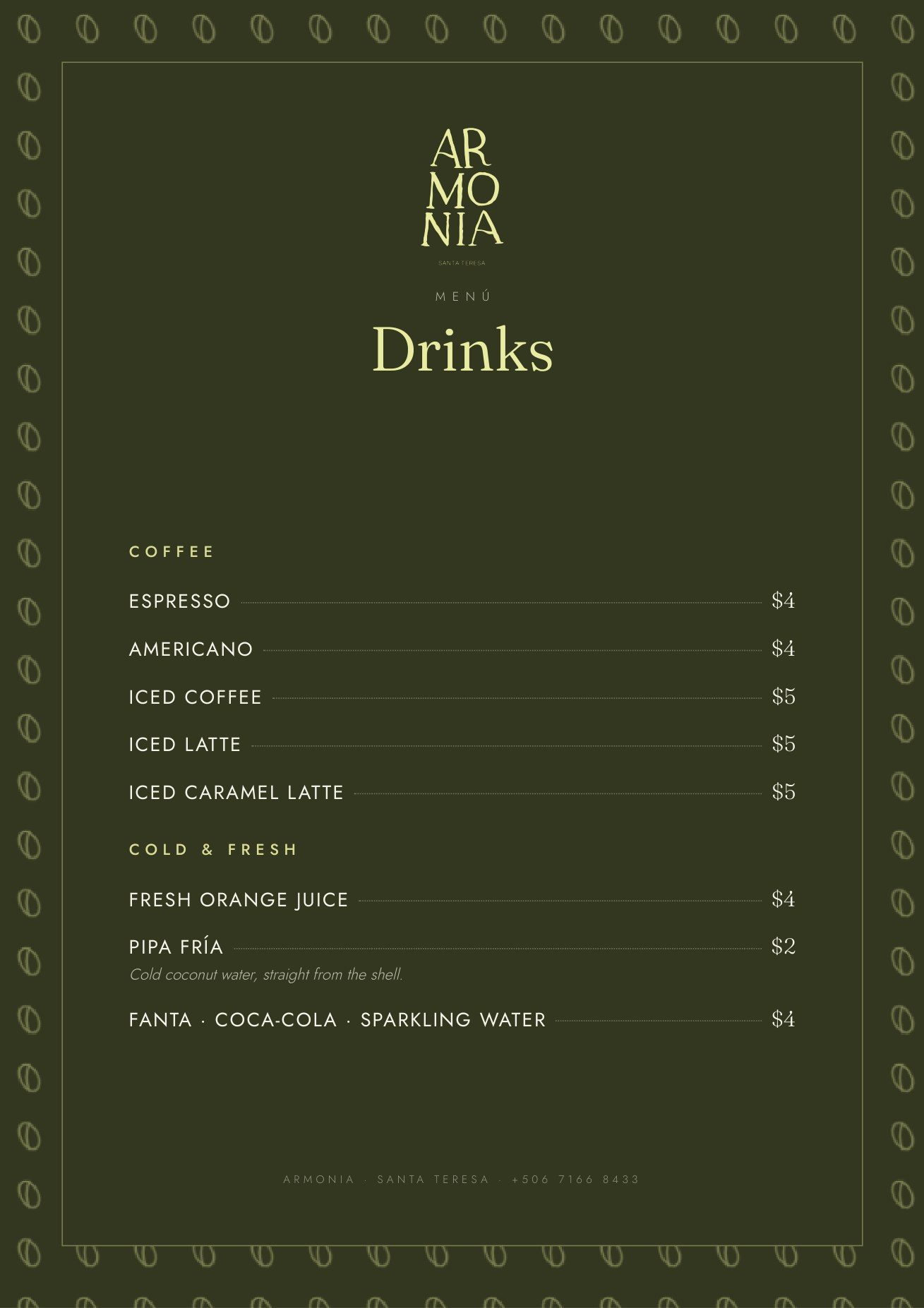 Armonia drinks menu — coffee, iced coffee, fresh juice, pipa fría, sodas