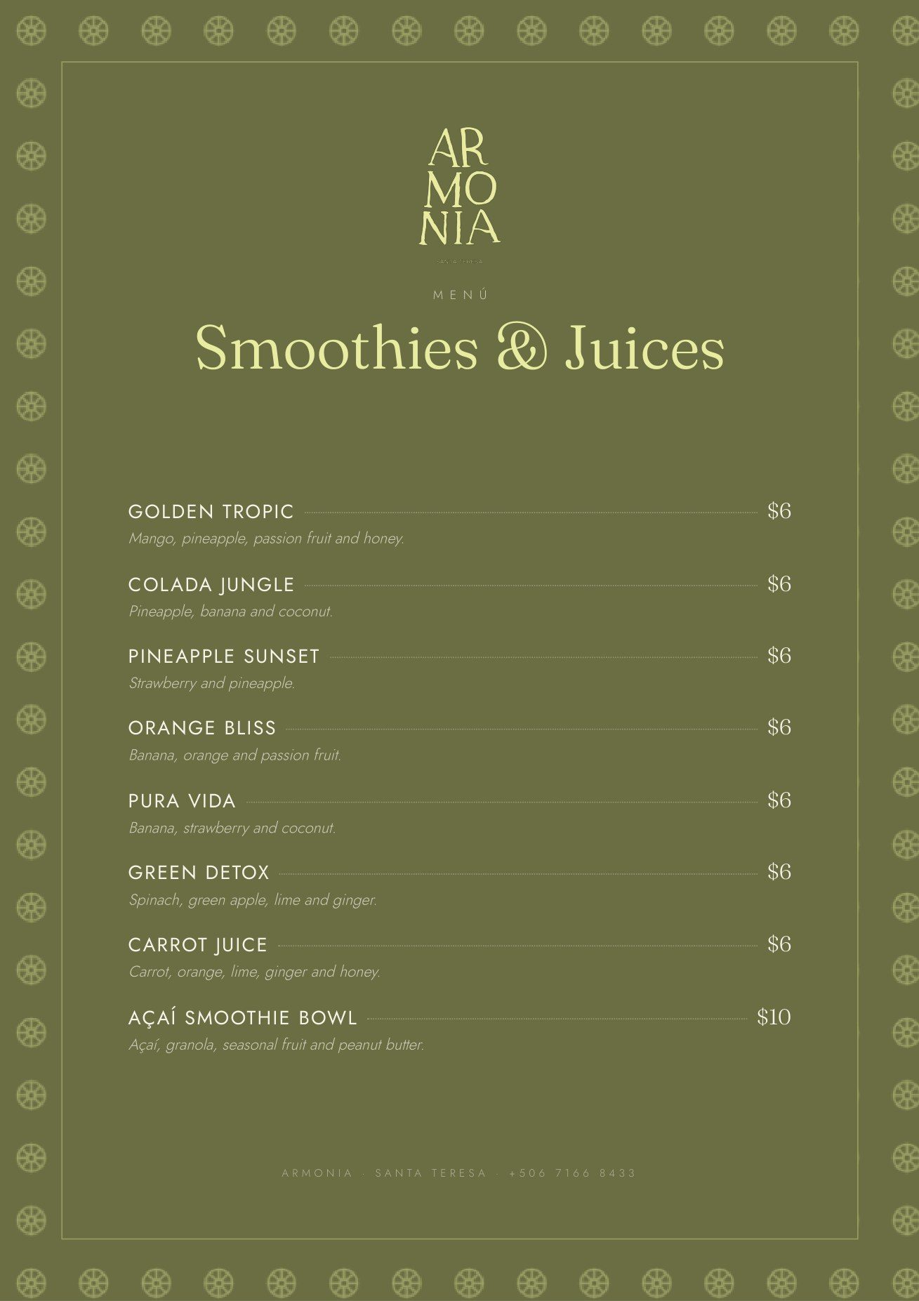 Armonia smoothies and juices menu