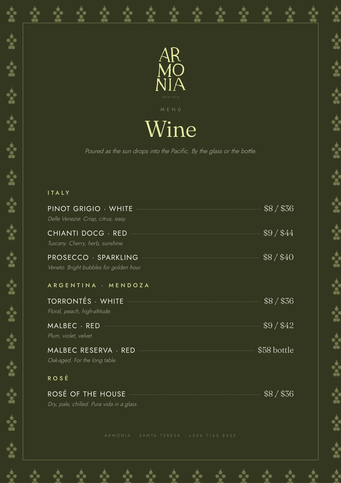 Armonia wine menu — Italian and Argentine wines, rosé, by the glass or bottle
