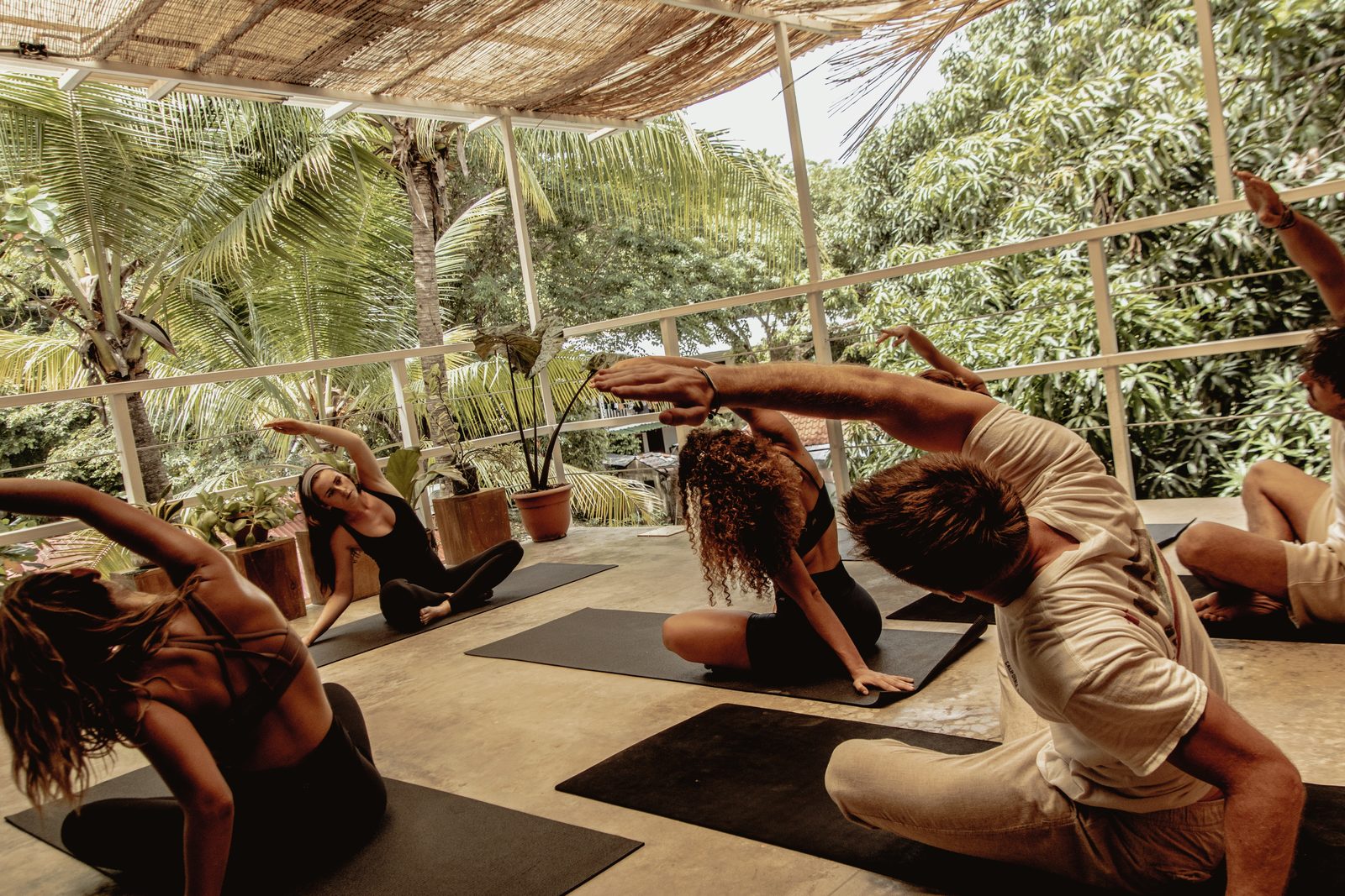 A yoga class on mats in a glass-walled studio surrounded by jungle